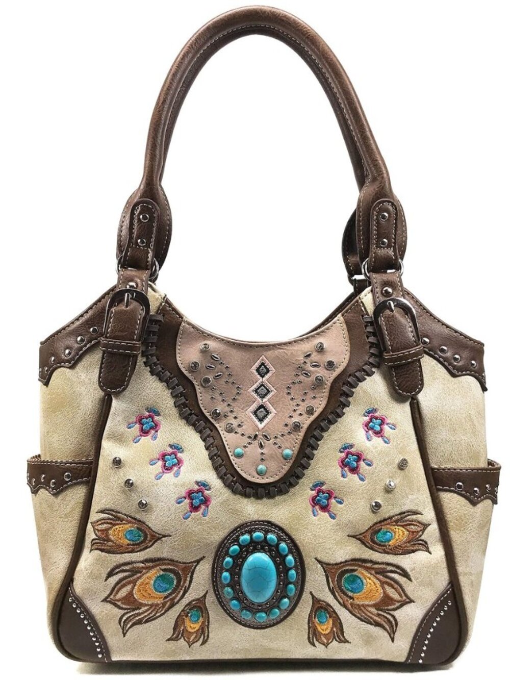 Turquoise Stone Concho Peacock Feather Women Conceal Carry Tote Purse Bag